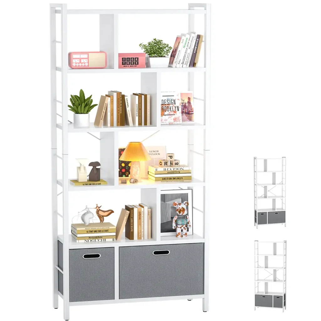 5-tier industrial geometric bookshelf display rack with white shelves, 2 fabric storage drawers, and white metal frame