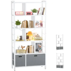5-tier industrial geometric bookshelf display rack with white shelves, 2 fabric storage drawers, and white metal frame