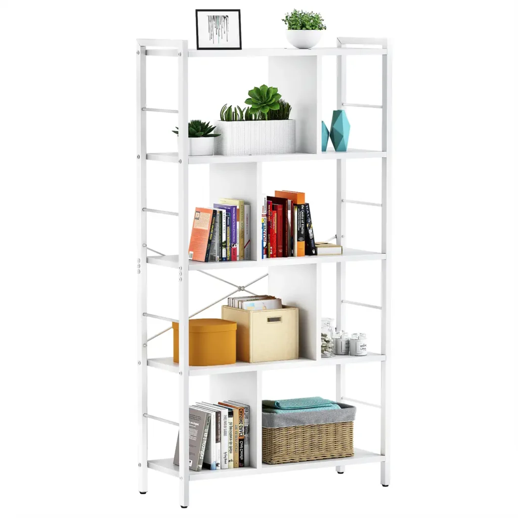 5 tier white industrial bookshelf
