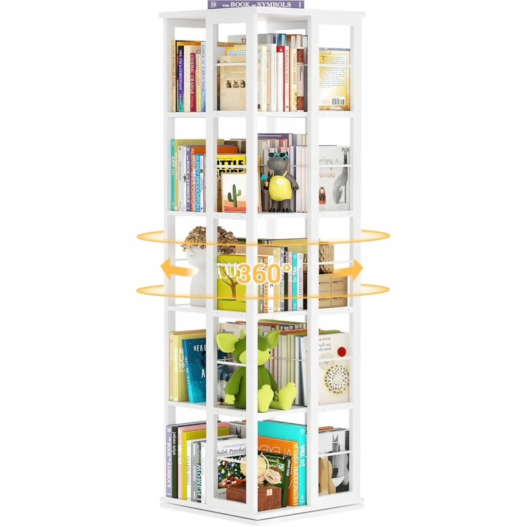 5-tier square rotating bookshelf tower with 360-degree revolving design, white wood finishes, and white metal frame