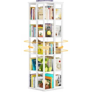 5-tier square rotating bookshelf tower with 360-degree revolving design, white wood finishes, and white metal frame