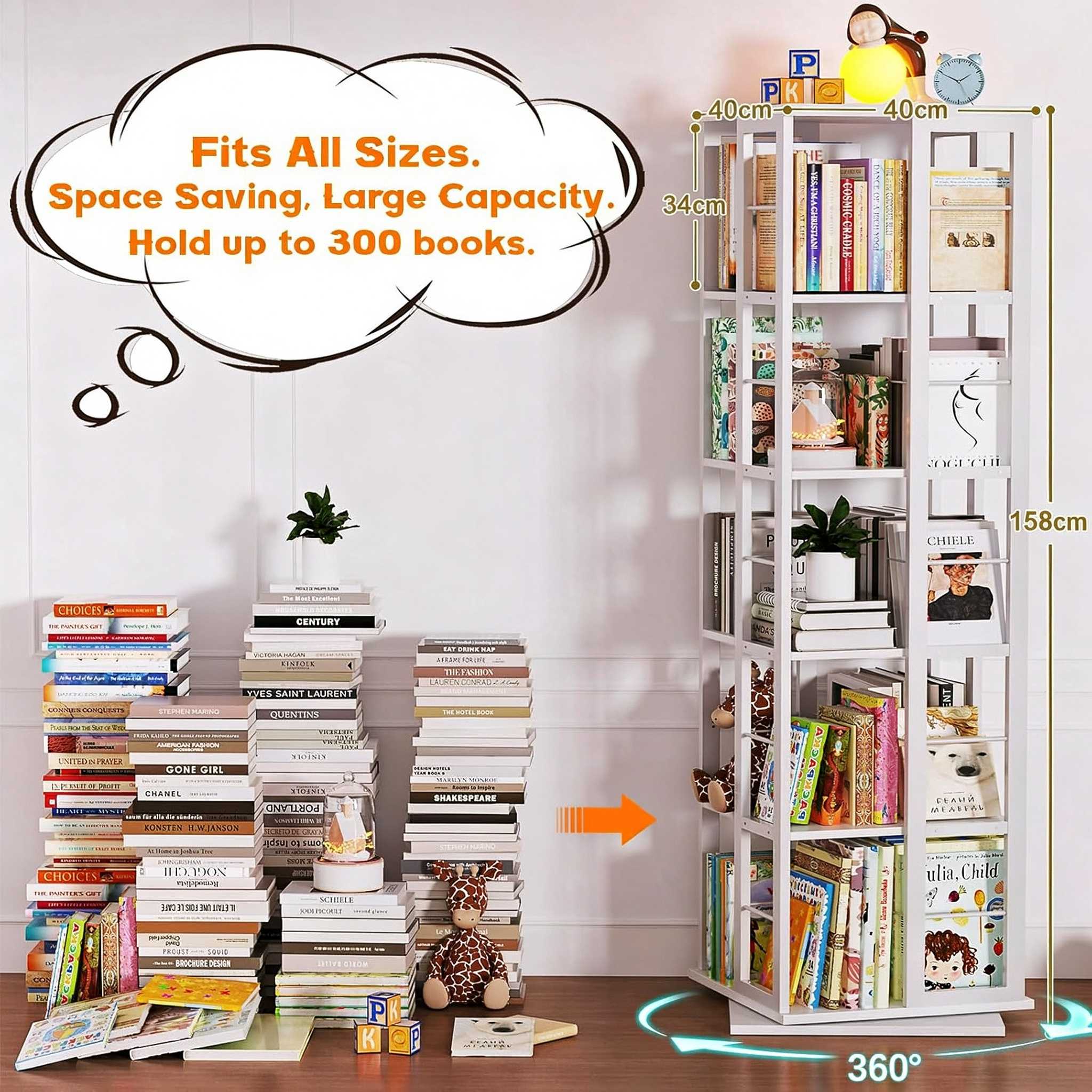 5-Tier White Square Rotating Bookshelf Dimensions Capacity Chart Detailed dimensions and large capacity chart of 5-tier white square rotating bookshelf tower showing 158cm height and up to 300 books storage
