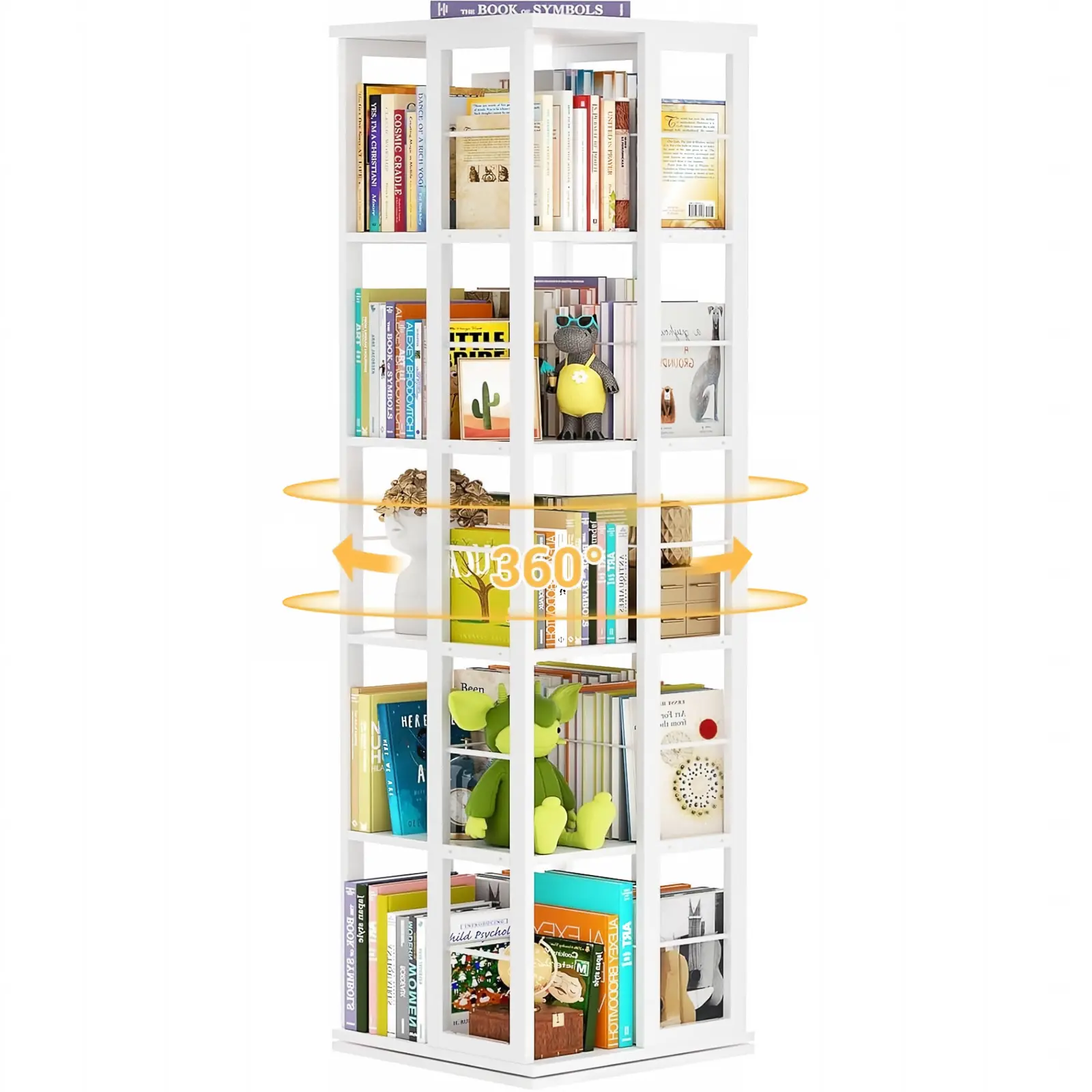 5-Tier White Square Rotating Bookshelf Tower 5-tier square rotating bookshelf tower with 360-degree revolving design, white wood finishes, and white metal frame