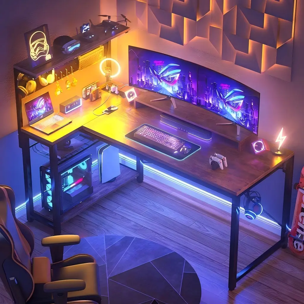 51-Inch L-Shaped Gaming Desk - Rustic Brown 51 inch L shaped gaming desk with LED lights, reversible corner computer desk with power outlets and DIY pegboard, rustic brown finish