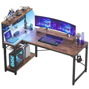 51 inch reversible L shaped gaming desk with monitor stand, rustic brown computer corner desk for home office