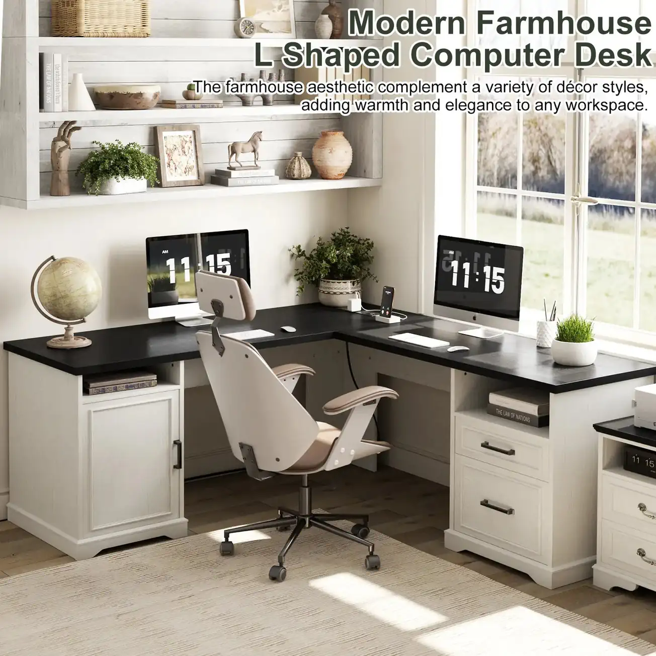 59" (150 cm) L-Shaped Computer Desk Home Office Workspace Setup Scenario Lifestyle application image showing the black and white two-tone L-shaped computer desk styled with dual monitors and an office chair in a bright residential home office setting, demonstrating its corner layout capacity