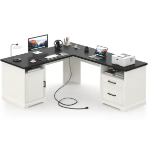 Large two-tone L-shaped computer desk featuring a solid black desktop surface with a contrasting white storage cabinet, drawers, and open shelving compartments on a white background