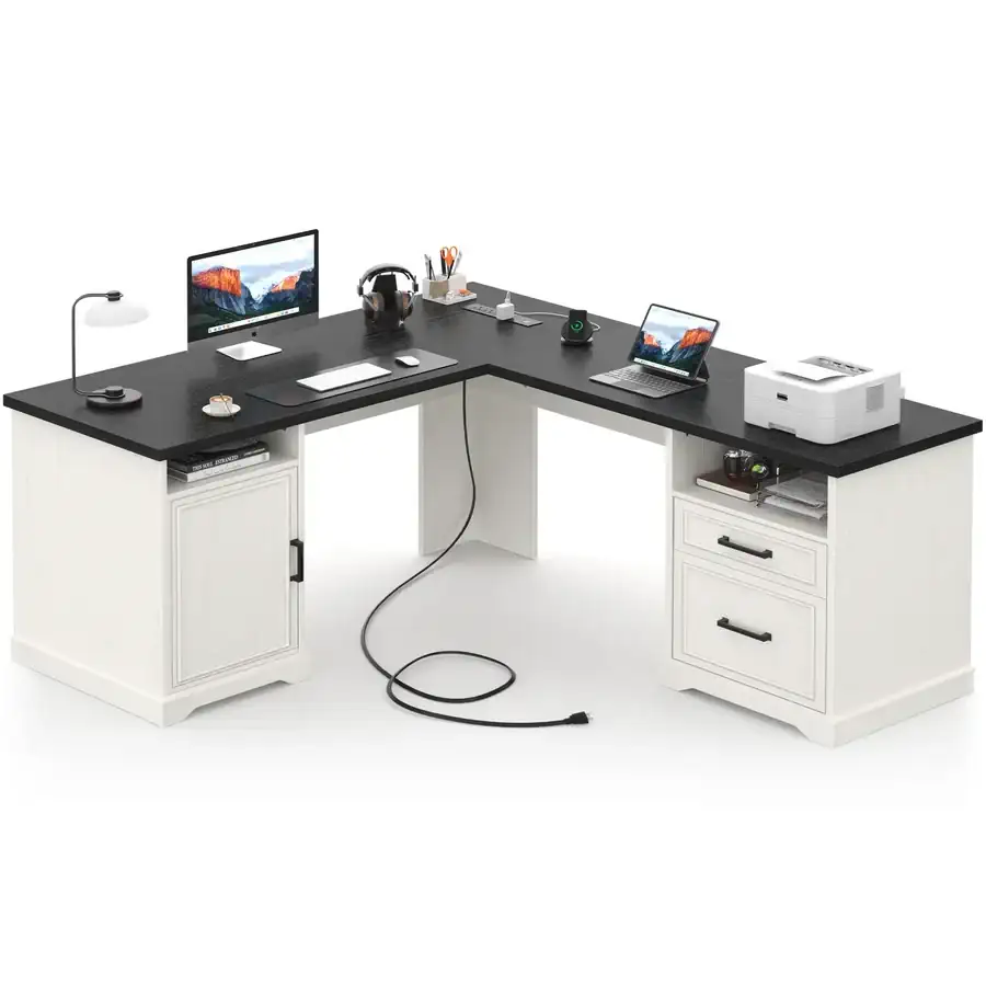 Large two-tone L-shaped computer desk featuring a solid black desktop surface with a contrasting white storage cabinet, drawers, and open shelving compartments on a white background