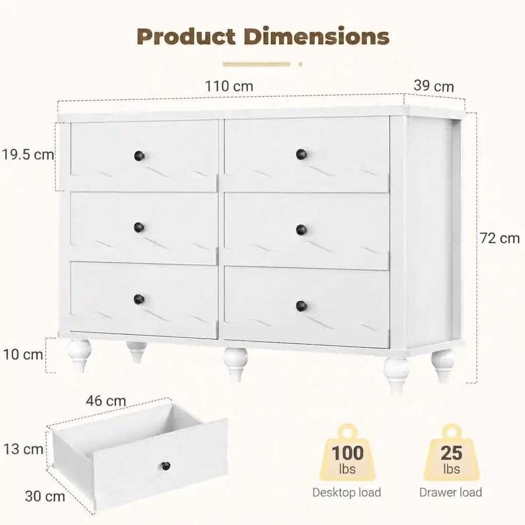 6-Drawer Dresser Dimensions and Weight Capacity Diagram Product dimensions and loading capacity chart for 6-drawer dresser, showing overall size specifications, internal drawer measurements, top deck weight capacity, and single drawer load ratings in imperial and metric units.