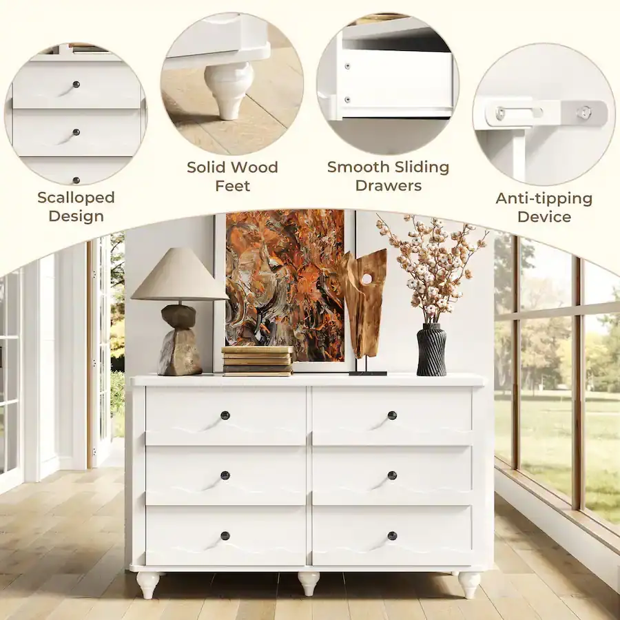 White 6-Drawer Dresser with Solid Wood Feet and Anti-Tipping Safety Device White 6-drawer dresser showcasing key features including a scalloped bottom design, turned solid wood feet, smooth sliding drawer runners, and a safety anti-tipping hardware device.
