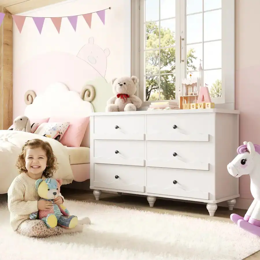 White 6-Drawer Dresser Kids Room and Nursery Lifestyle Application White 6-drawer storage dresser with solid wood feet displayed in a decorated kids bedroom and nursery setting, demonstrating its suitability for children's clothing storage.