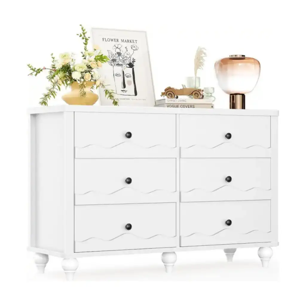 White 6-Drawer Double Dresser with Scalloped Fronts and Solid Wood Feet Modern white 6-drawer double dresser with a decorative scalloped wave design on drawer fronts, featuring round black metal knobs and turned solid wood feet, displayed on a clean white background.