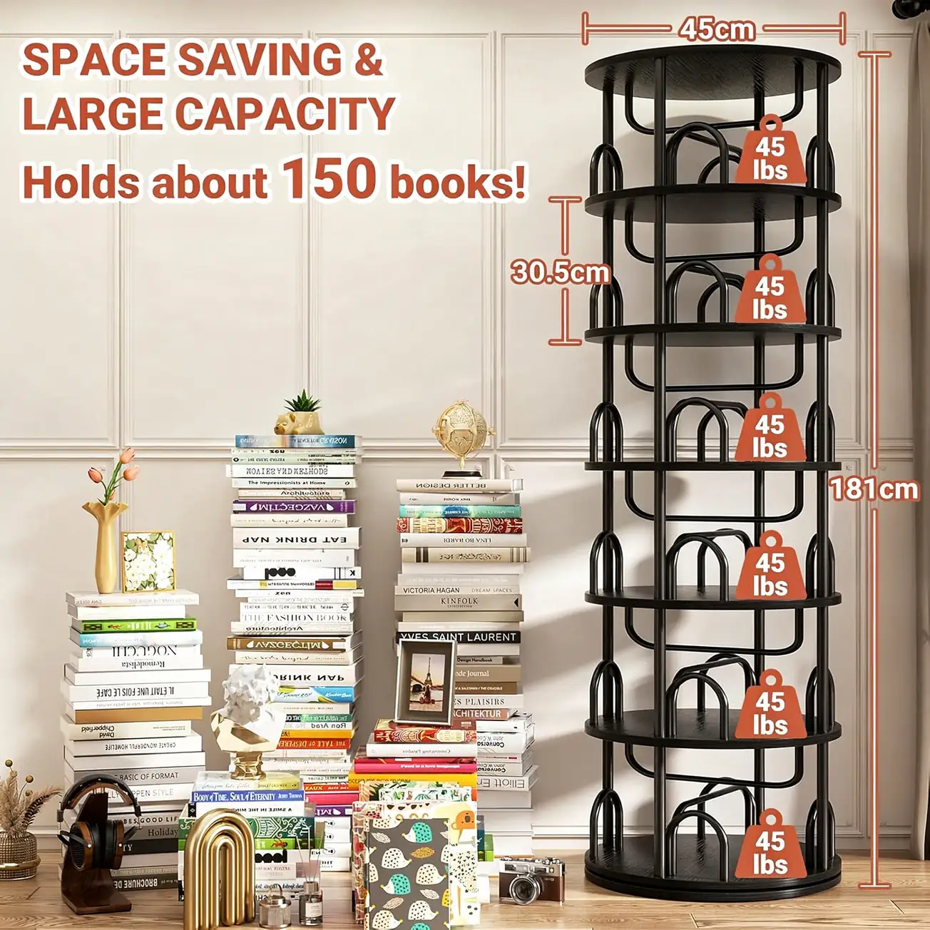 6-Tier Black Rotating Bookshelf Dimensions Chart Detailed dimensions and weight capacity chart of 6-tier rotating bookshelf tower showing 181cm height, black finish, and 45 lbs load capacity