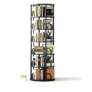 6-tier rotating bookshelf tower with 360-degree revolving design and black wood open display shelves