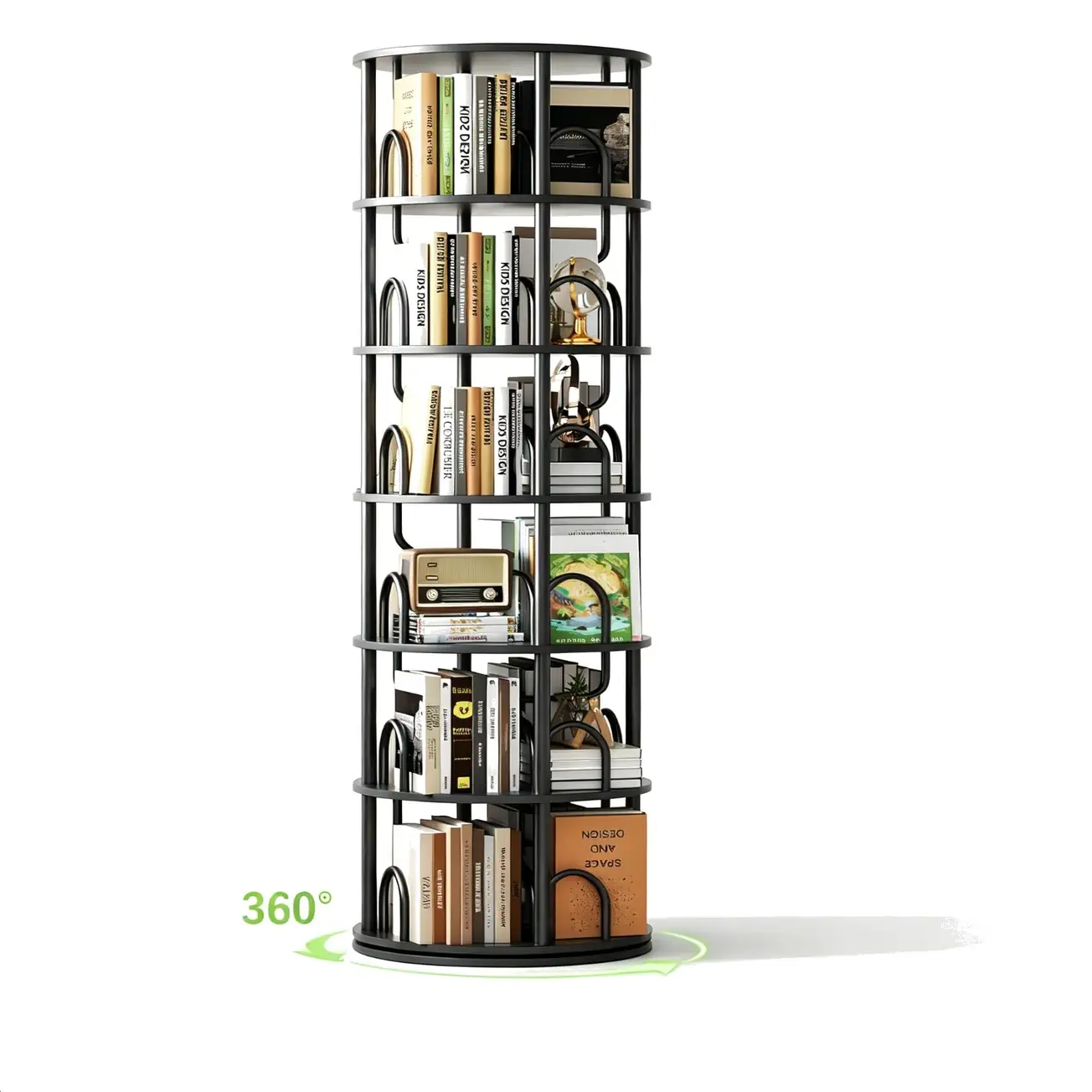 6-Tier Black Rotating Bookshelf Tower 6-tier rotating bookshelf tower with 360-degree revolving design and black wood open display shelves