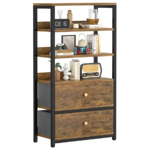6-tier industrial nightstand bedroom storage shelf with rustic brown wood panels and 2 drawers