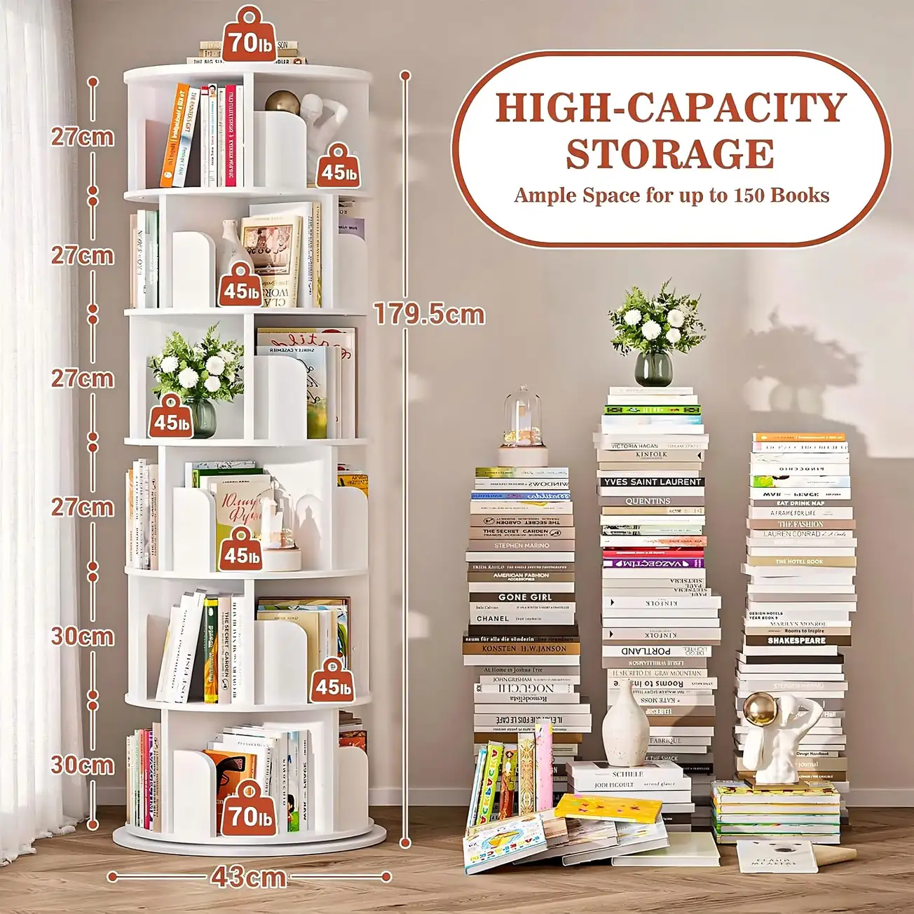 6-Tier Rotating Bookshelf Dimensions Weight Capacity Chart Detailed dimensions and weight capacity chart of 6-tier rotating bookshelf tower showing 179.5cm height and up to 70lb load capacity