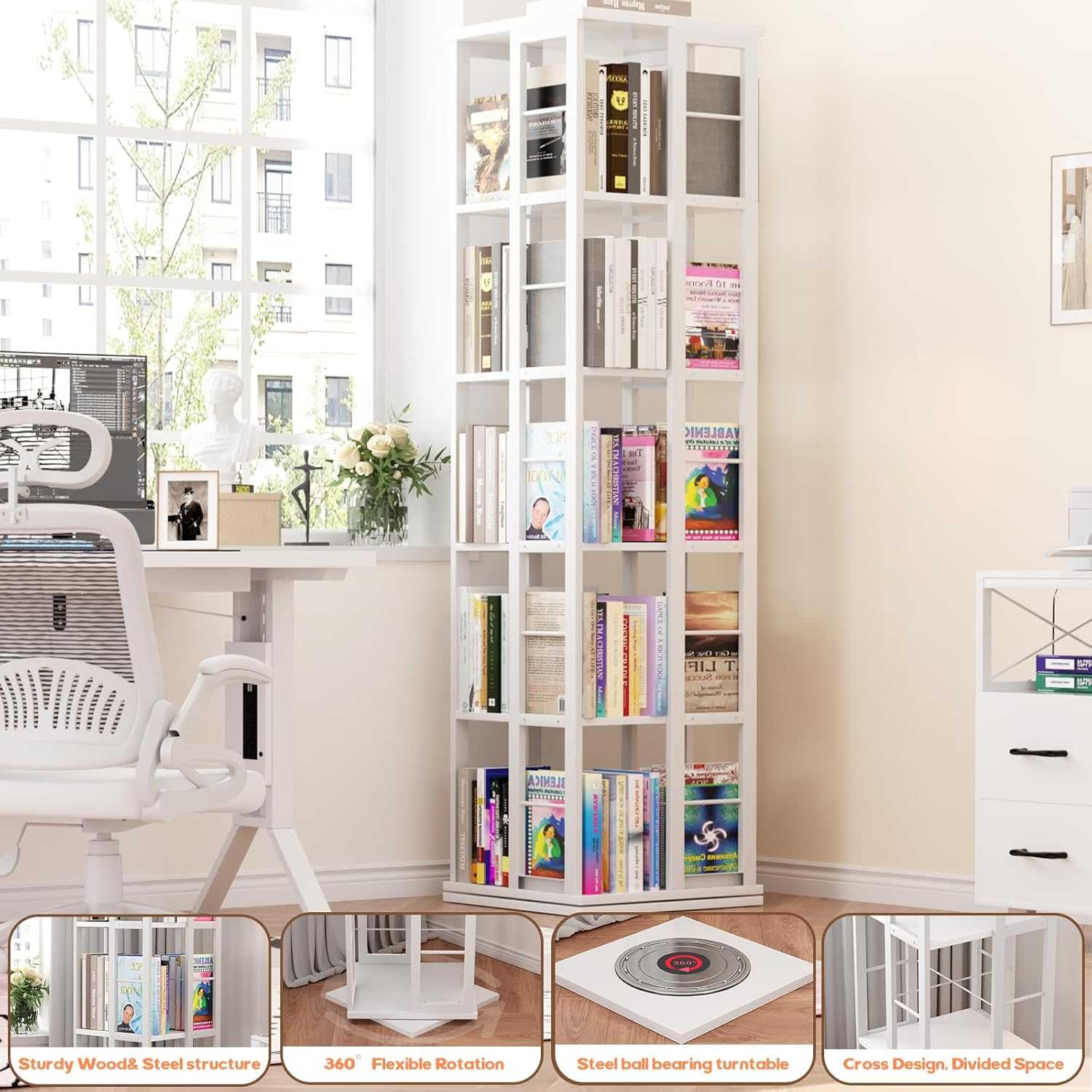 6 tier white rotating bookshelf tower lifestyle 6 tier white rotating bookshelf tower lifestyle
