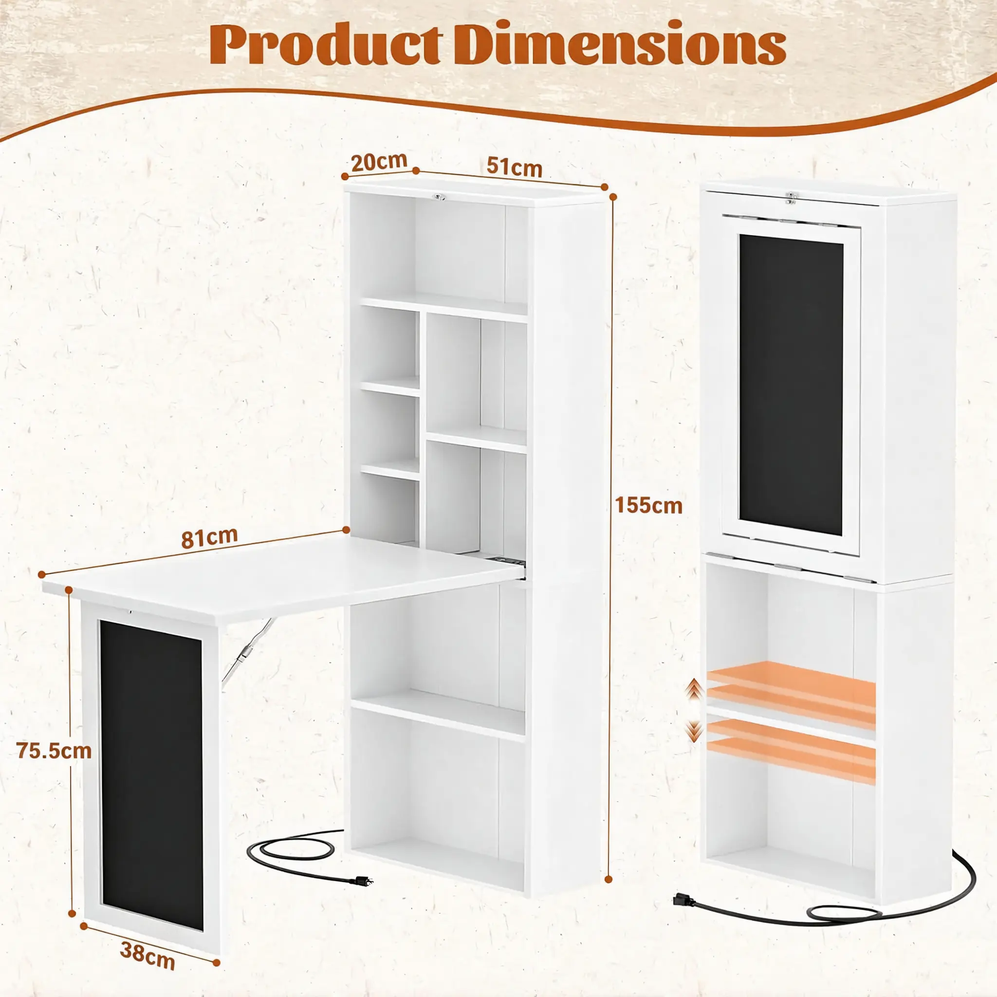 Folding Desk Cabinet Table Detailed Size Dimensions Chart Convertible folding desk cabinet table product dimensions chart showing 155cm height 51cm width 20cm closed depth and 81cm desktop length