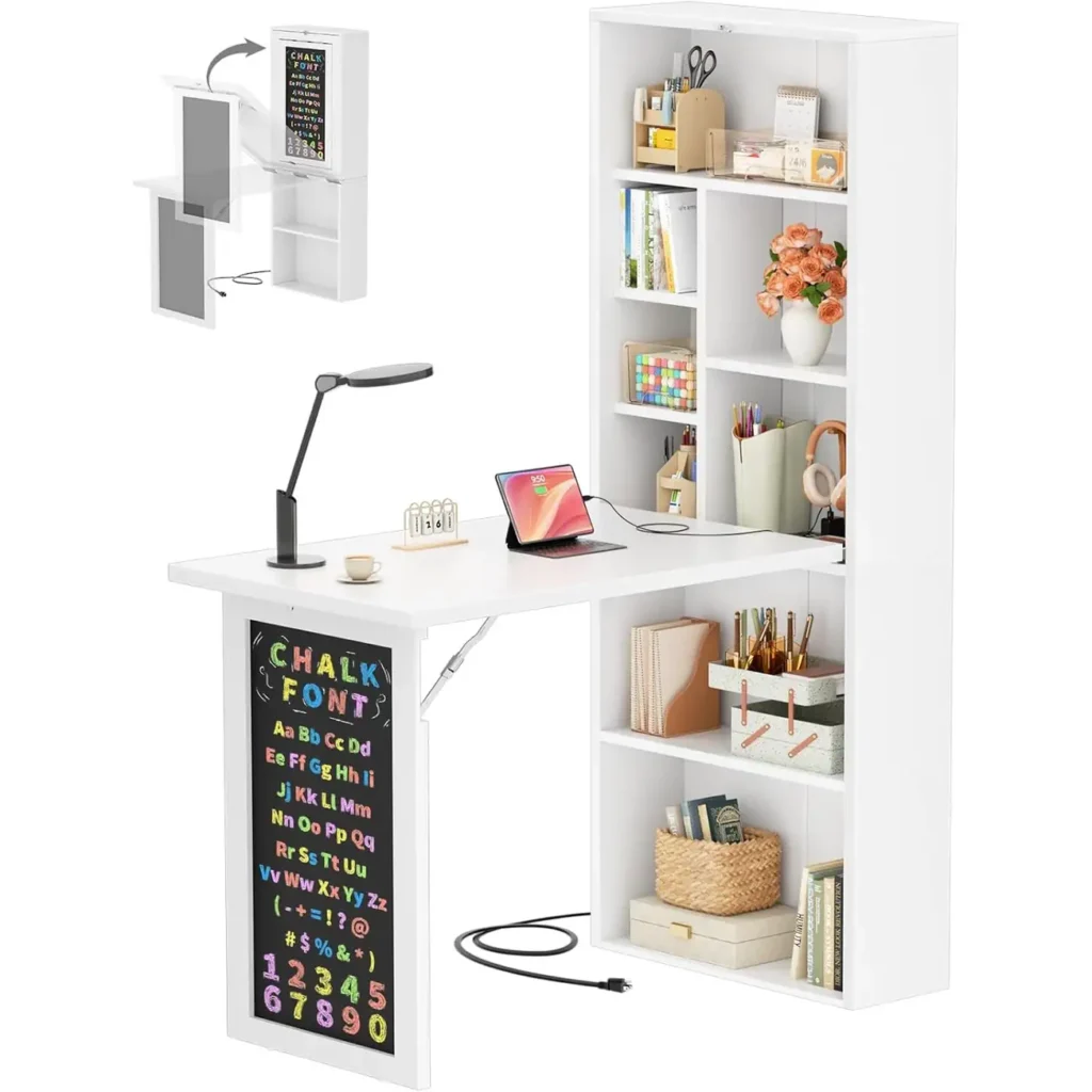 61 inch white folding desk with outlets and built-in bookshelf displaying open convertible cabinet table and chalkboard leg front