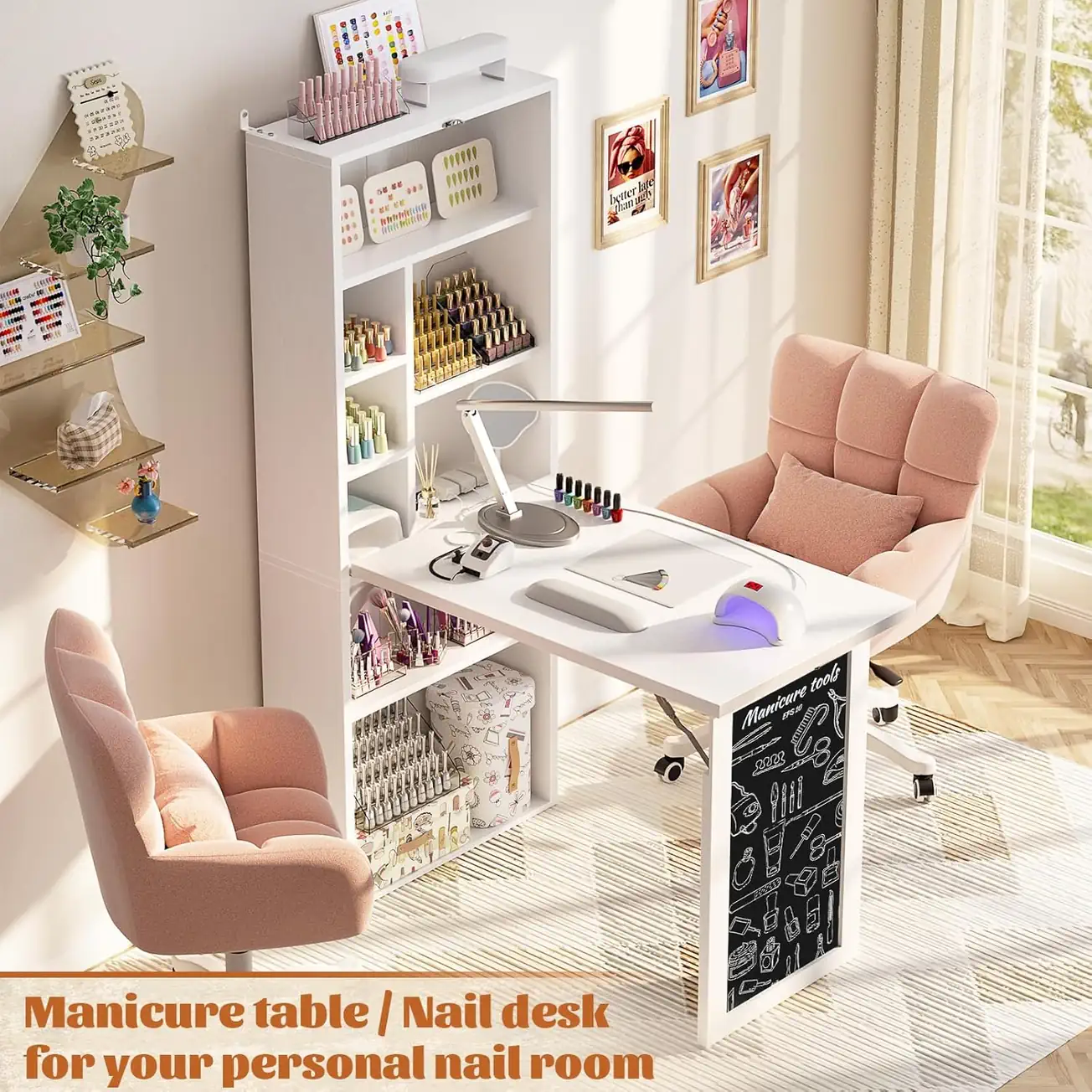 White Folding Manicure Table and Nail Desk Lifestyle View 61 inch white folding manicure table and nail desk with bookshelf for personal nail room and beauty salon lifestyle scene