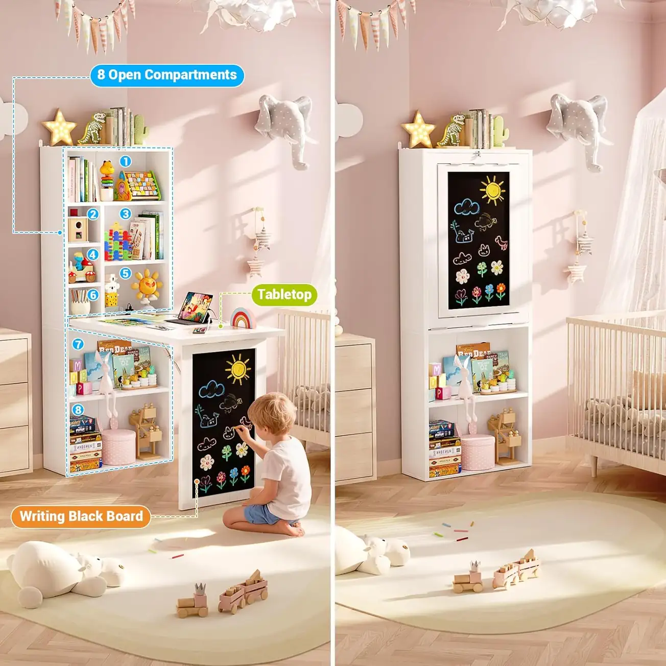 White Folding Kids Desk Open and Closed Feature Comparison 61 inch white kids folding desk with 8 open compartments and a writing blackboard showing comparison of open and closed view in a nursery room