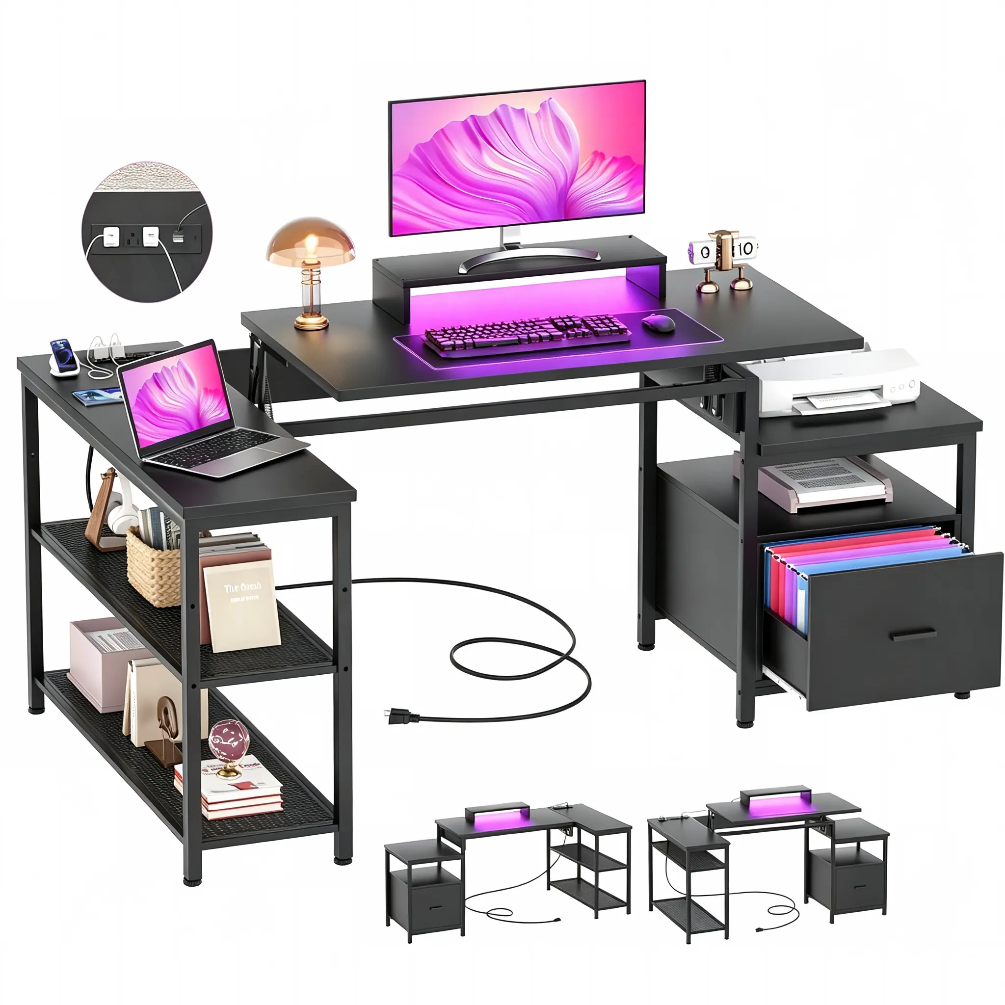 L-Shaped Desk with Ample Storage Shelves and File Drawer L-shaped computer desk with 2-tier open storage shelves, file drawer for A4 letter folders, and spacious tabletop for home office setup.