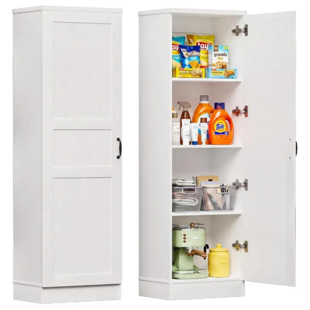 White 63 inch tall narrow freestanding storage cabinet with open door showing shelves filled with snacks and laundry detergents