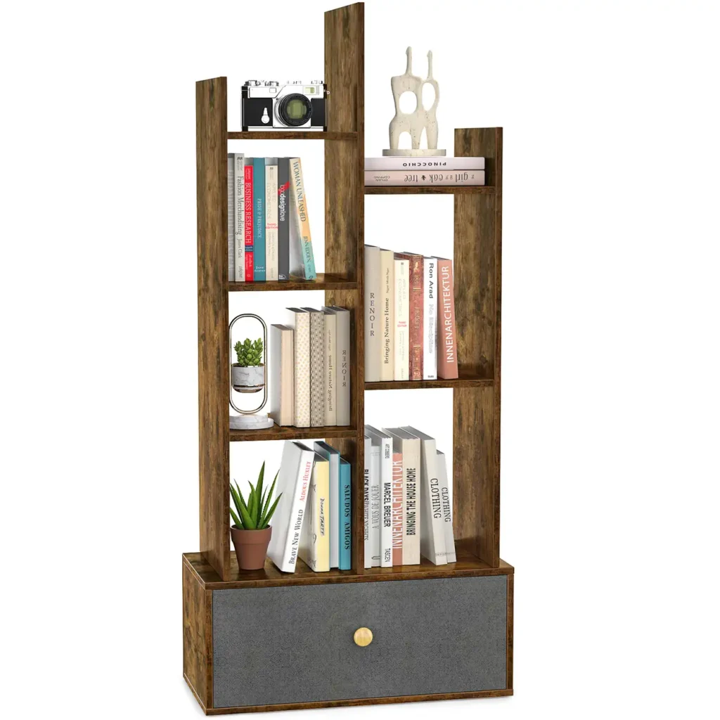 7 open shelves geometric bookshelf with rustic brown asymmetrical wood panels and a grey bottom storage drawer
