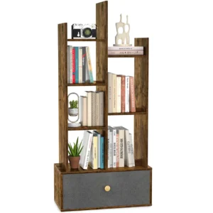 7 open shelves geometric bookshelf with rustic brown asymmetrical wood panels and a grey bottom storage drawer