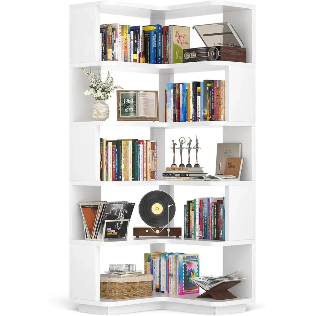 L-shaped 7-tier corner bookshelf display image view 3 showing staggered open shelves with built-in baffles organizing books, vintage record player, and home decor