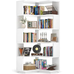 L-shaped 7-tier corner bookshelf display image view 3 showing staggered open shelves with built-in baffles organizing books, vintage record player, and home decor