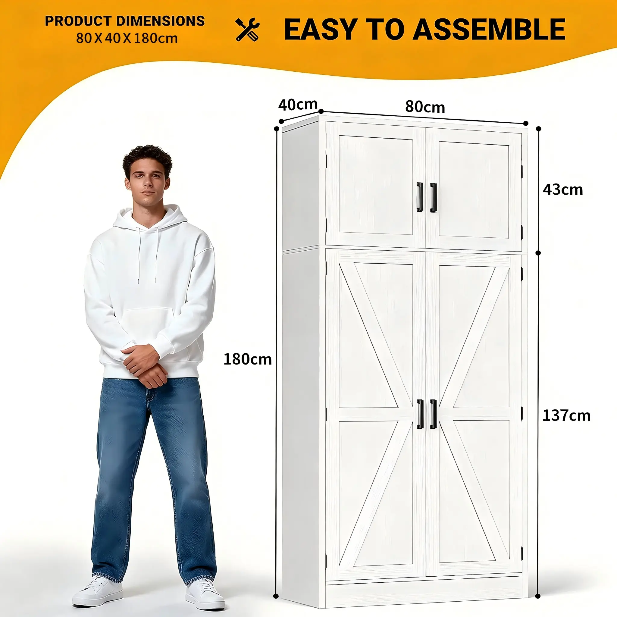 71 Inch Farmhouse Barn Door Pantry Cabinet Detailed Size Chart 71 inch farmhouse barn door pantry cabinet size dimensions chart showing 180cm height 80cm width and 40cm depth
