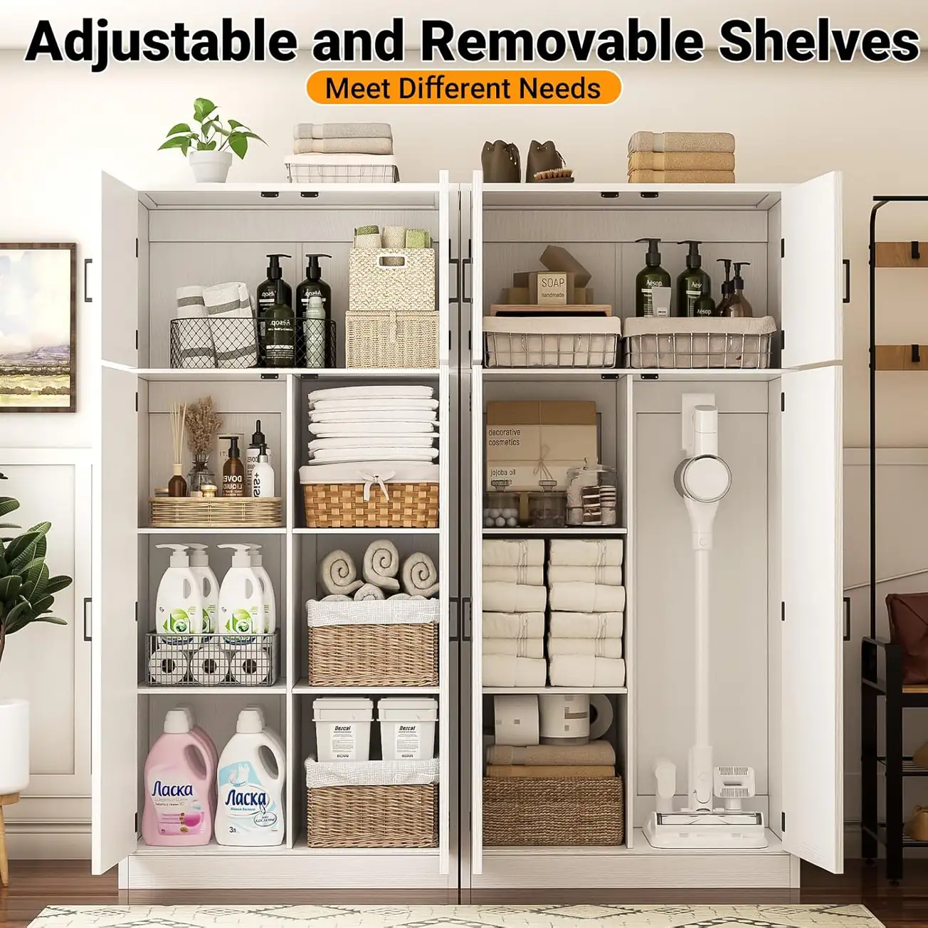 Tall Pantry Cabinet Adjustable Shelves Interior Capacity Interior view of 71 inch tall pantry cabinet showing open barn doors with dual-side layout adjustable shelves and vertical vacuum cleaner storage