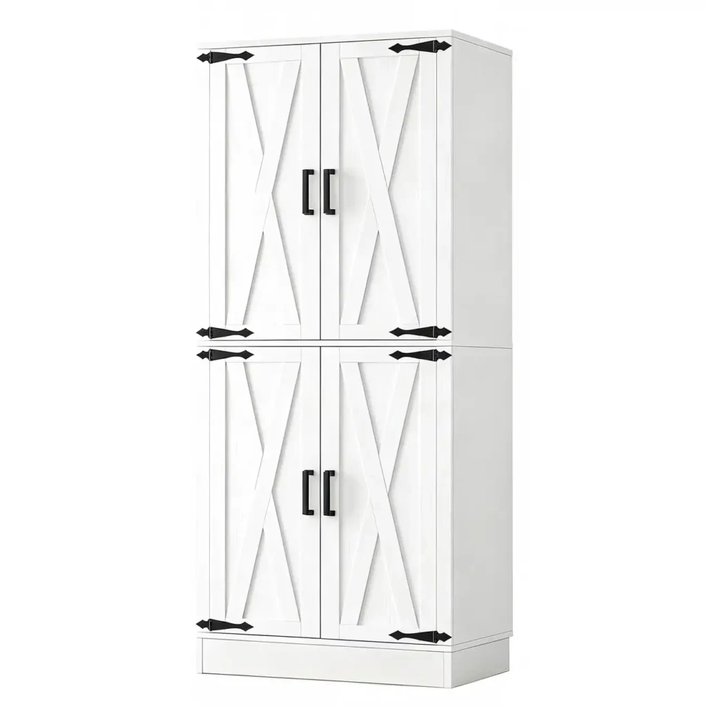 71 inch tall weathered white kitchen pantry storage cabinet with 4 farmhouse X-brace barn doors
