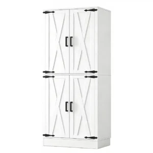 71 inch tall weathered white kitchen pantry storage cabinet with 4 farmhouse X-brace barn doors