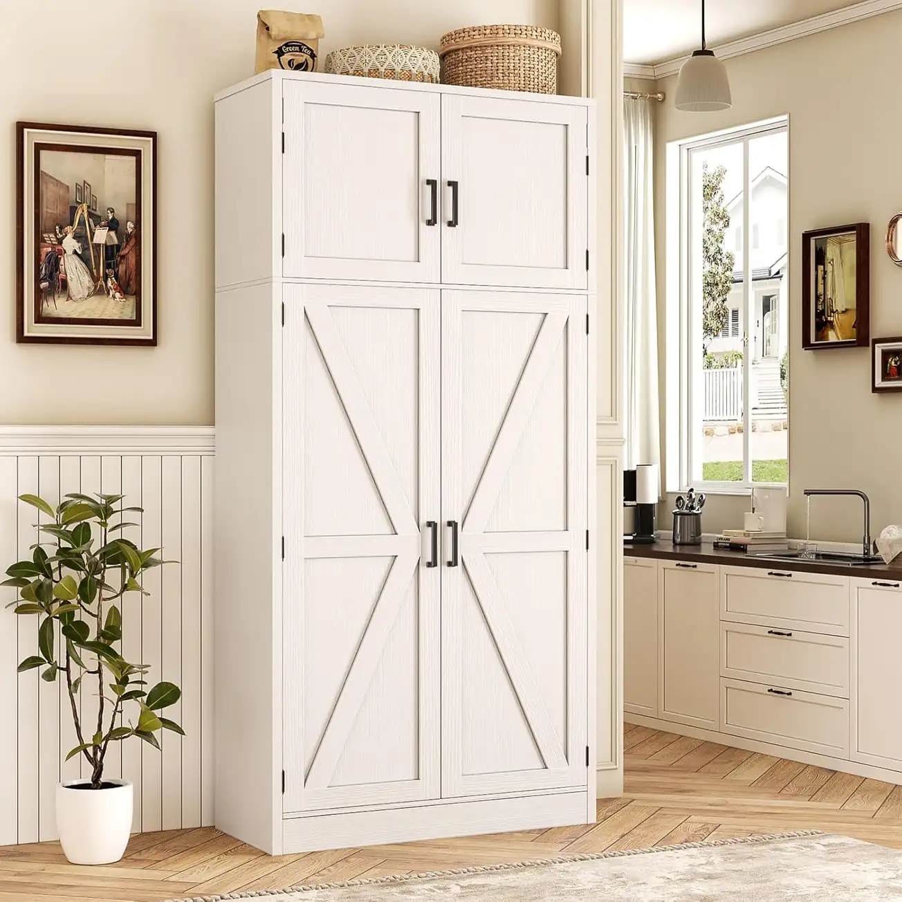 White Tall Kitchen Pantry Cabinet Farmhouse Lifestyle View 71 inch tall white kitchen pantry storage cabinet with 4 farmhouse barn doors in a modern home kitchen lifestyle scene