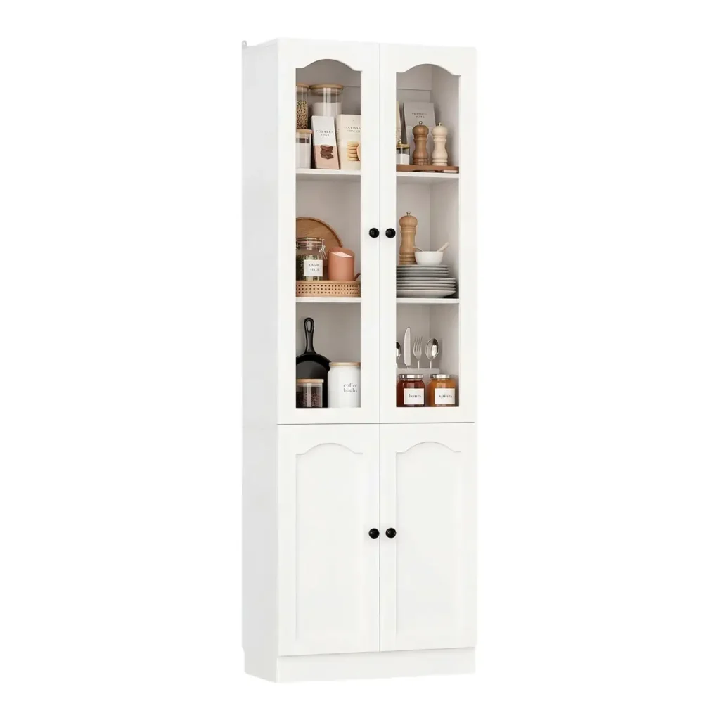 80 inch tall white kitchen pantry cabinet with arched glass doors and lower storage cupboard doors