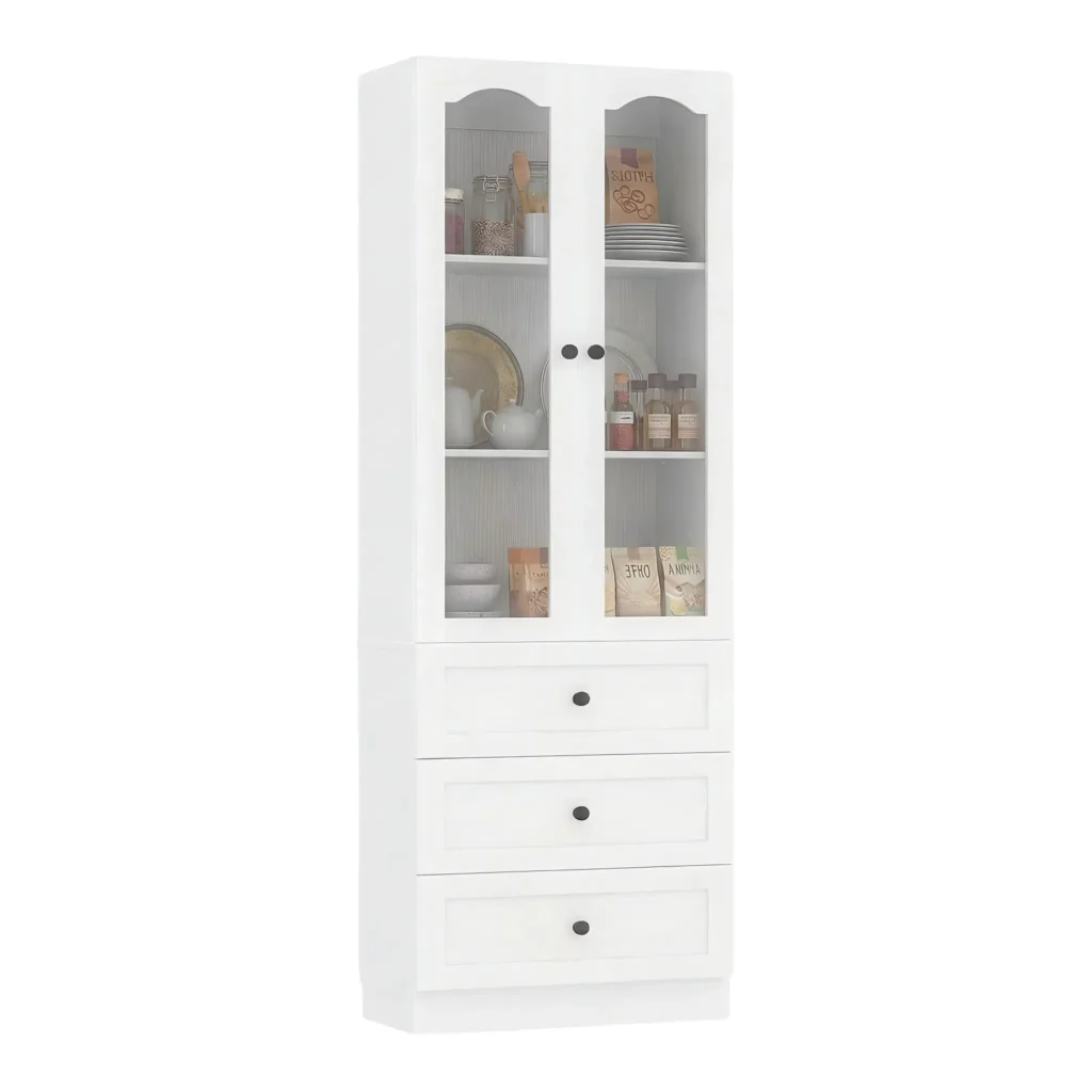 Angled view of 80 inch tall white storage cabinet with arched glass doors and 3 storage drawers