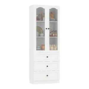 Angled view of 80 inch tall white storage cabinet with arched glass doors and 3 storage drawers