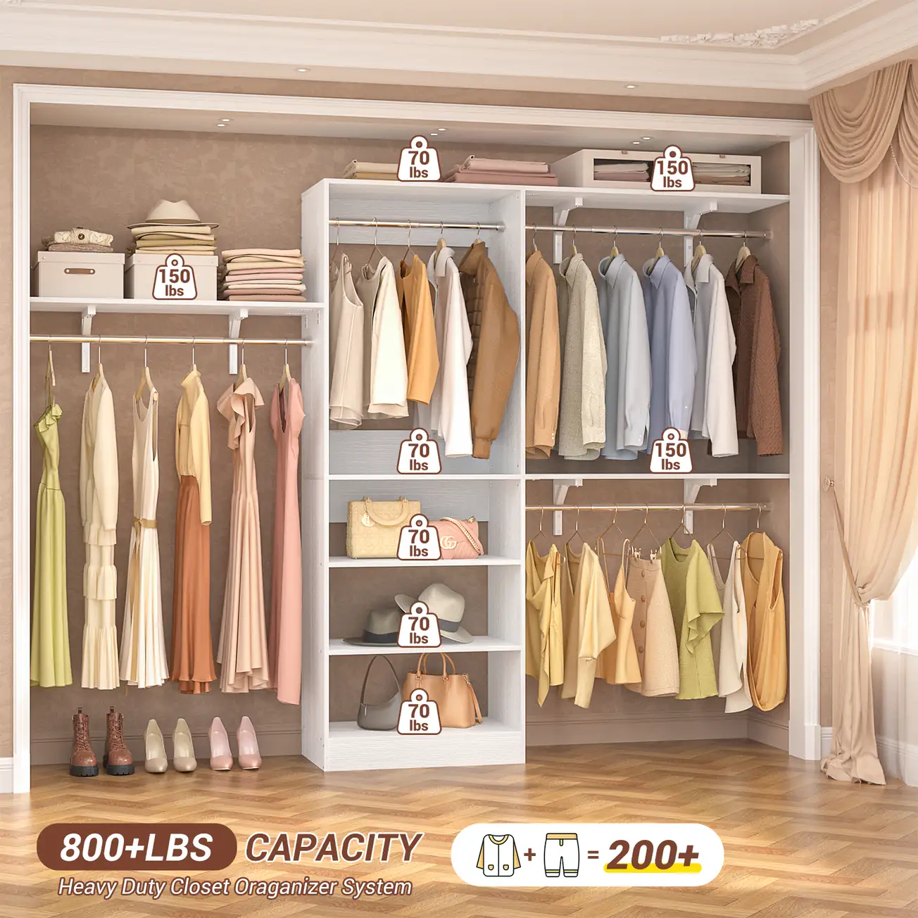 800+ LBS (362.8 kg) Heavy Duty Load Capacity Diagram for Modular Wood Closet Organizer System Heavy duty modular wood closet organizer system load capacity diagram showing 800+ LBS (362.8 kg) total weight limit, with specific loading metrics: 150 lbs (68 kg) for long hanging rods and top shelves, and 70 lbs (31.7 kg) for central storage shelves, holding 200+ garments.
