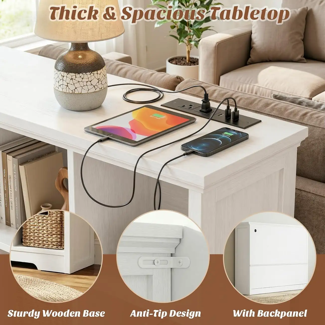 9-Cube Wooden Storage Organizer - Charging Station Detail Detail view of white cube organizer featuring a built-in charging station with AC outlets and anti-tip design