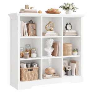 Modern 9-cube wooden storage organizer with built-in charging station in white