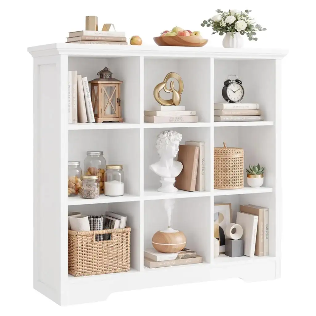 9-Cube Wooden Storage Organizer - White Modern 9-cube wooden storage organizer with built-in charging station in white