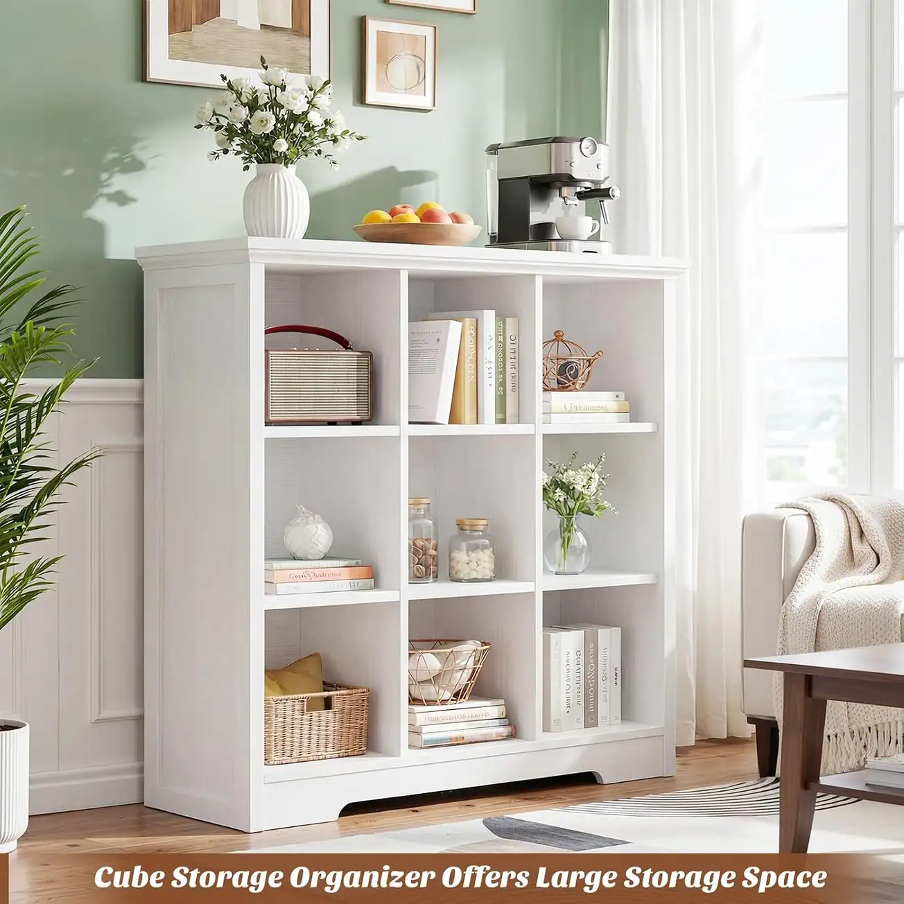9-Cube Wooden Storage Organizer - White Lifestyle Scene White 9-cube wooden storage organizer styled as a living room coffee station and open bookshelf