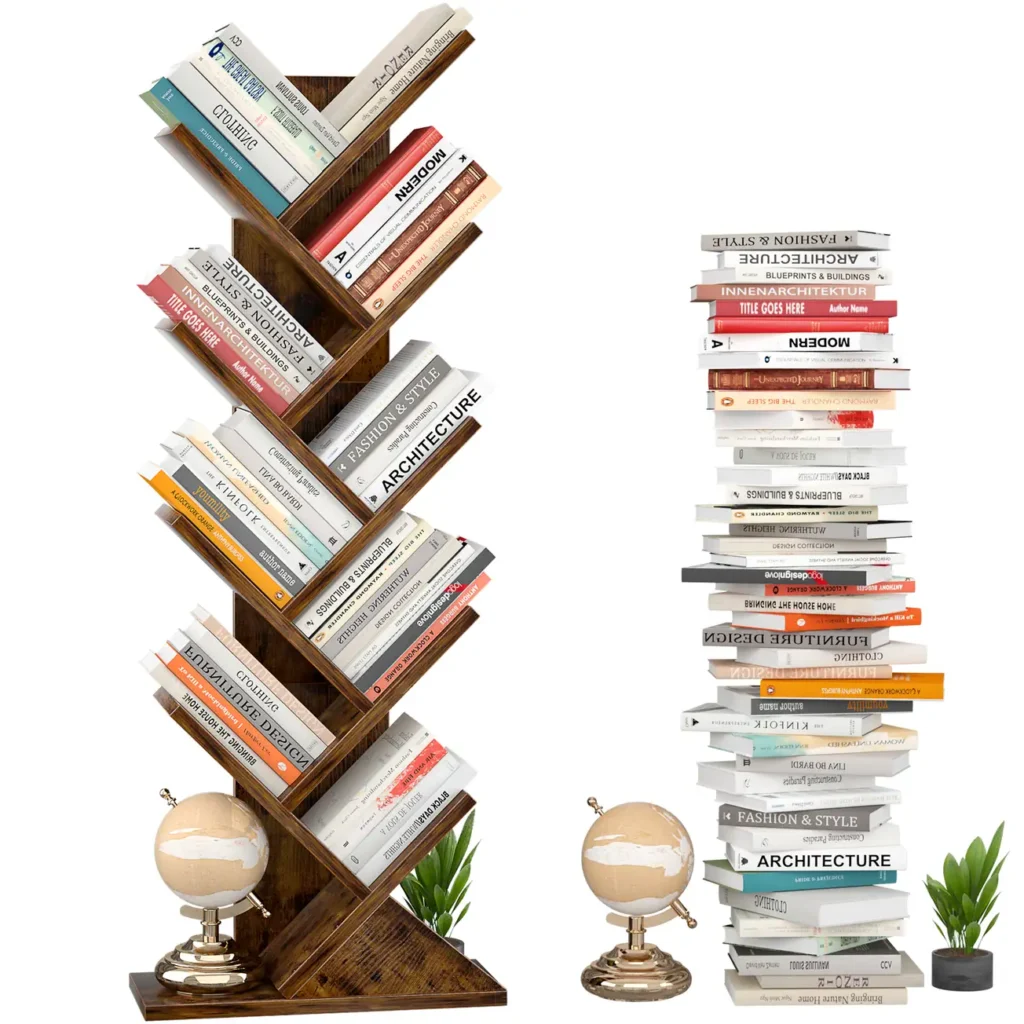 9-tier tree-shaped bookshelf storage rack with rustic brown wood finishes and vertical free floor standing space saving design