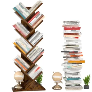 9-tier tree-shaped bookshelf storage rack with rustic brown wood finishes and vertical free floor standing space saving design