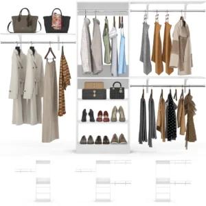 96'' Modular Wood Closet System with 4-Tier Shelves & Heavy Duty Garment Hanging Rods, White