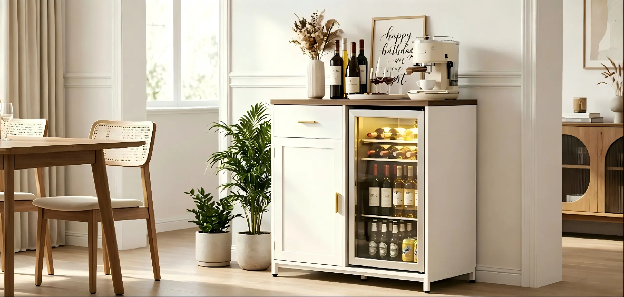 coffee bar cabinet mini fridge space
