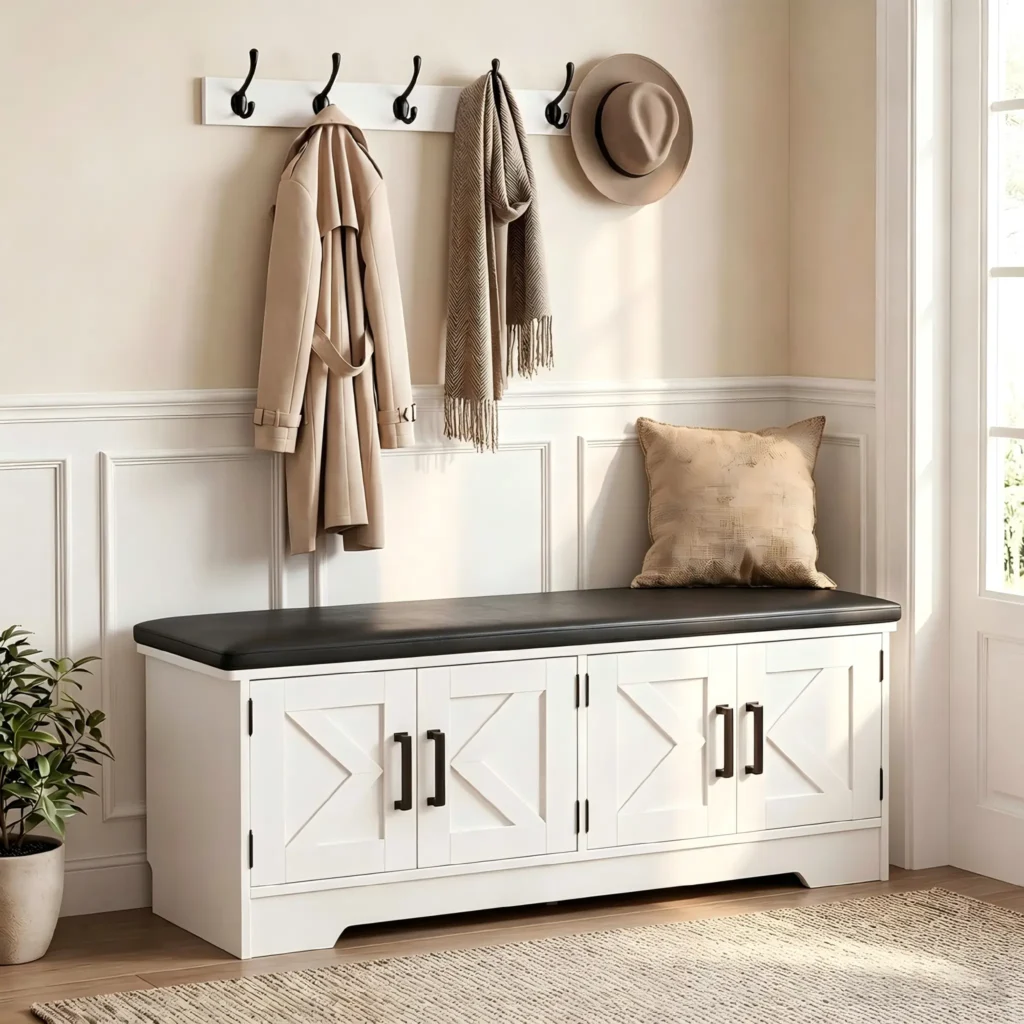 farmhouse shoe storage bench with cushion